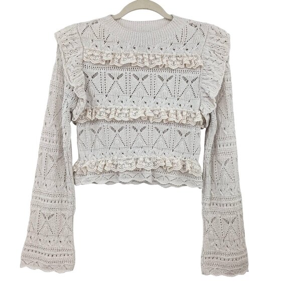 Zara Pointelle Ruffled Knit Top Sweater Size Small Ecru Cream Lace Trim Coquette - Picture 2 of 12